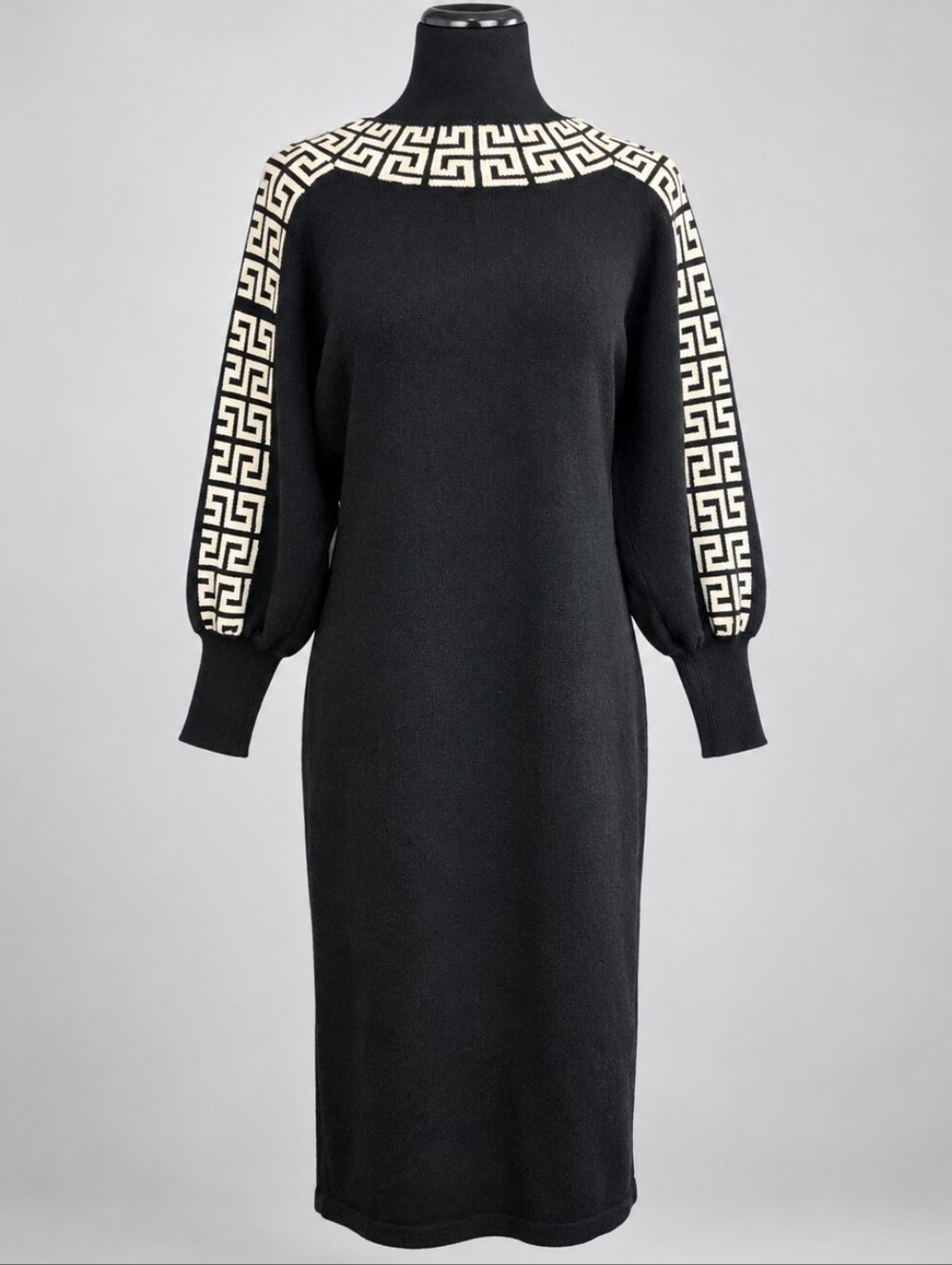 True Vintage 1980s Mike Korwin Black Greek Key Knit Sweater Dress Size 12